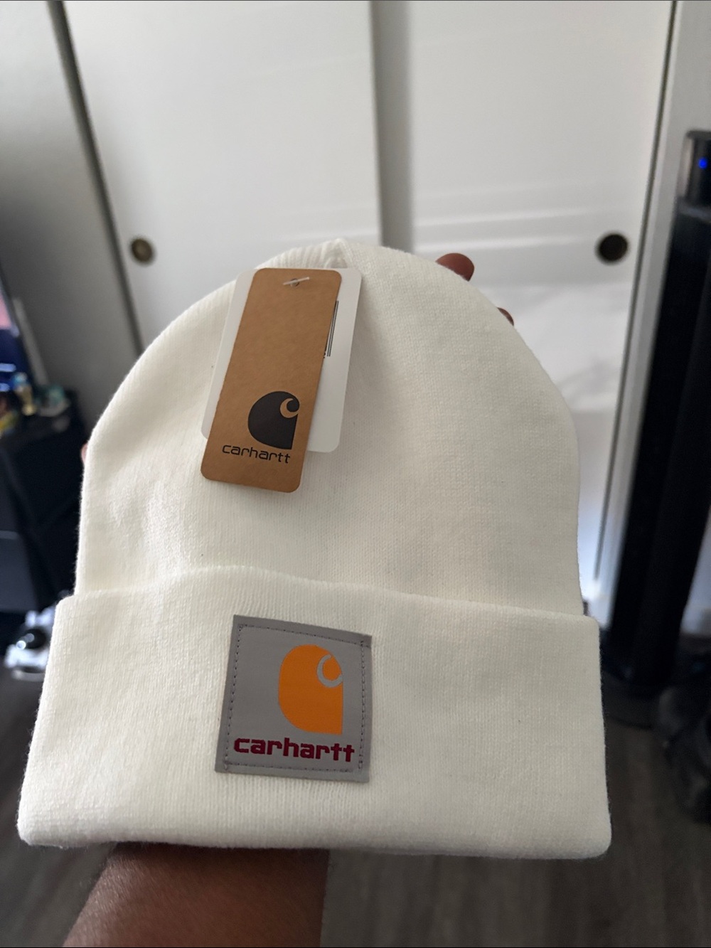 Carhartt Kids White Beanie with Yellow Logo Patch